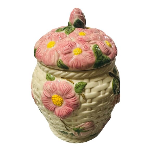 Vintage Fitz & Floyd Floral Ceramic Cookie Jar W Lid - Pink Flower Basket Design - Picture 7 of 8
